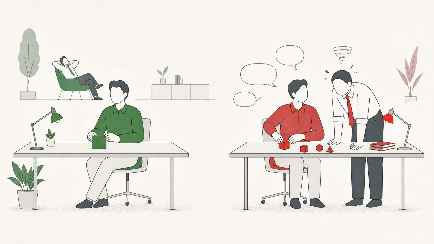 Two desks side by side. On the left the work is finished and sitting on the desk, and the manager is way back in their chair, relaxed, not looking. On the right the desk is covered in half-decided things, the manager is leaning in over it with steam coming off their head, and empty speech bubbles float between them. Same two reports; the difference is whether the manager can leave