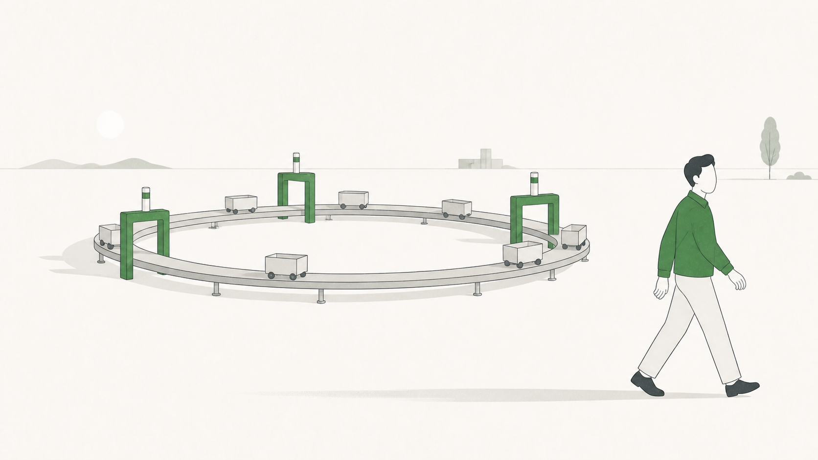 A closed loop of track running by itself, cars moving around it at a steady pace, with fixed gateposts standing on the track that every car has to pass through. In the foreground a person is walking unhurriedly out of frame, not looking back